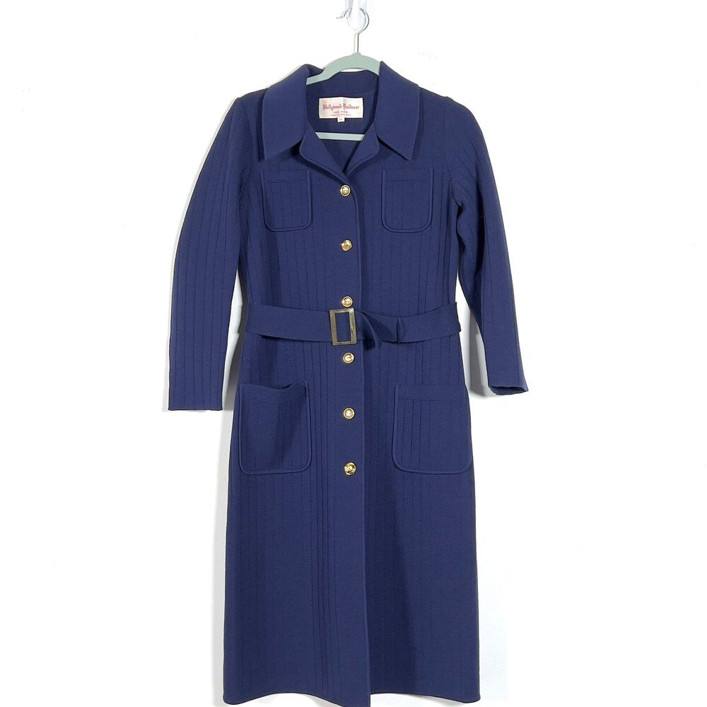 Vtg Hollywood Knitwear 100% Wool Belted Dress Womens Sz 10 Blue 3/4 Sleeve